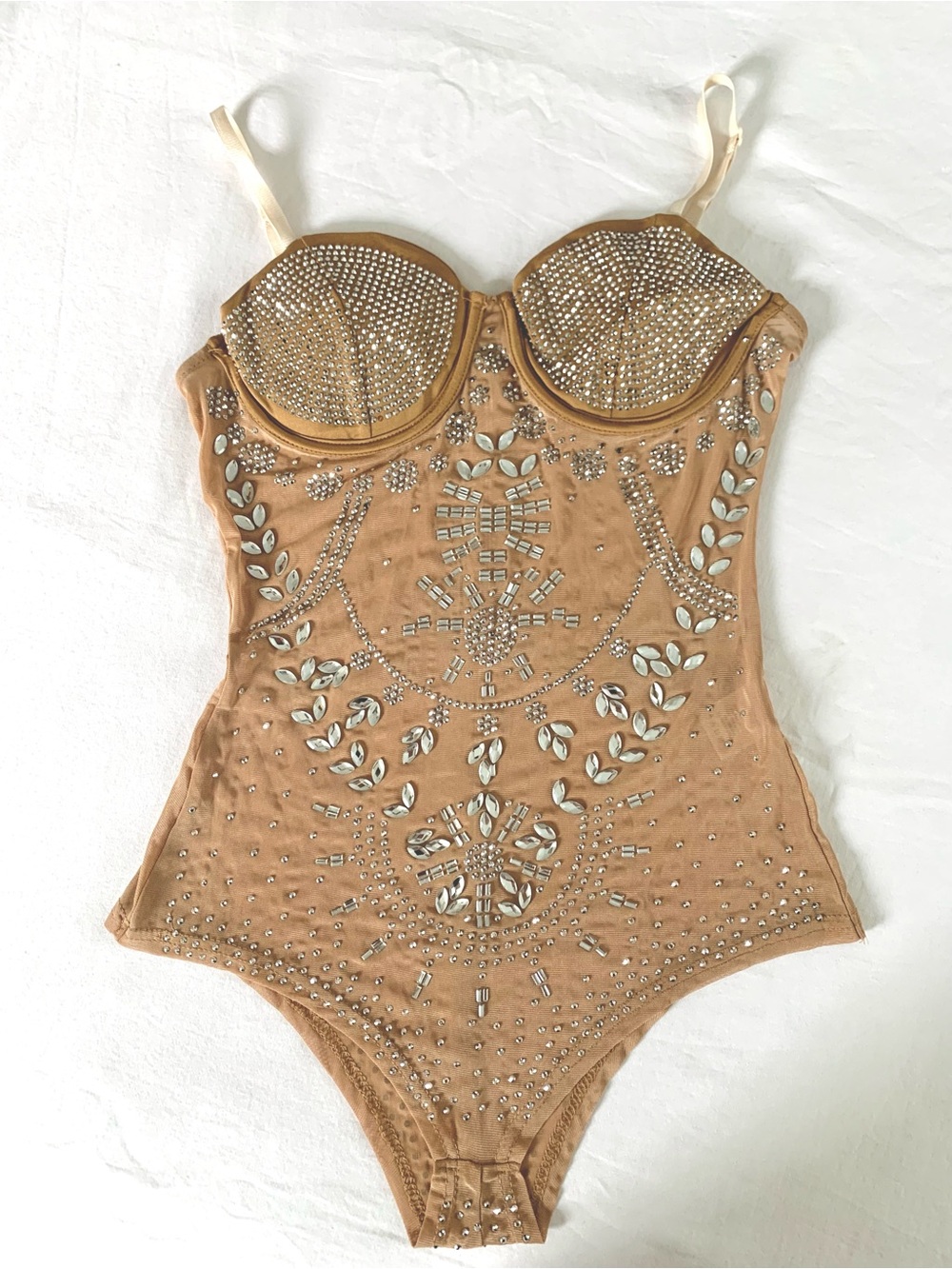 Embellished Nude Beaded Bodysuit. Medium